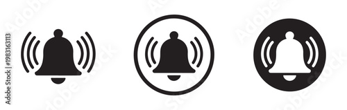 collection of bell notification icons with sound waves and circles on a gray background.