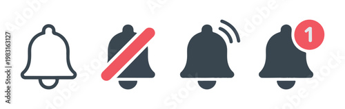 Status of notification bell icons showing active silent vibrating and unread alert states on gray background.