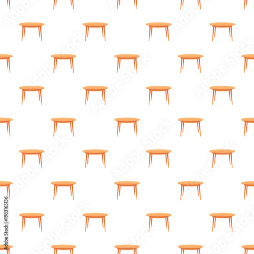 Seamless pattern featuring a grid of simple round wooden tables on a white background