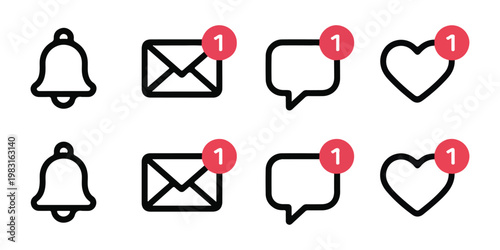 social media notification icons bell message like speech bubble with red circle badge.
