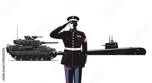 Marine Saluting Beside Tank and Submarine, Military Power and Readiness