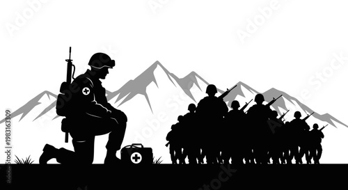 Medic Soldier Kneeling with First Aid Kit, Army Troops Marching in Silhouette Against Mountains