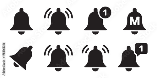 Notification bell collection with different ringing styles and badge count indicators for user interfaces.