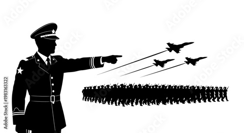 Military Commander Directing Air Force Jets Over Formation of Soldiers