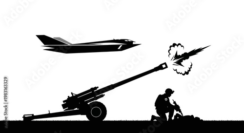 Military artillery firing missile at jet fighter in silhouette, war concept