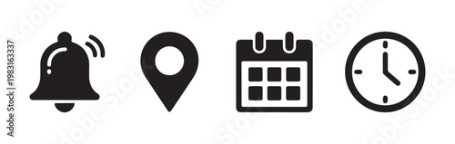 Business interface vector icons set containing bell pin calendar and clock on transparent grid background.