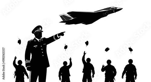 Military Commander Directs Fighter Jet Flyover with Troops Watching