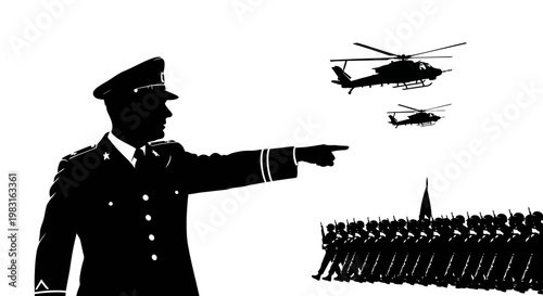 Military Commander Directs Helicopter and Troops Parade