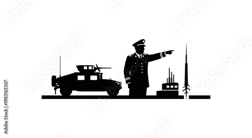 Military Commander Directs Vehicle and Missile Launch Site in Silhouette
