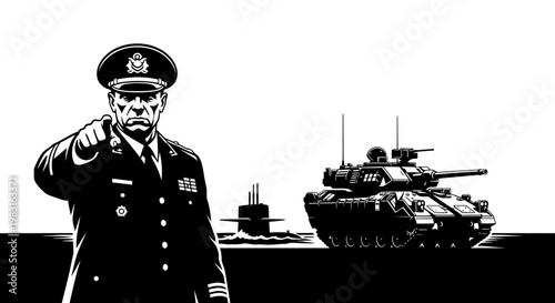 Military Commander Points Finger, Submarine and Tank in Background, Recruitment Concept