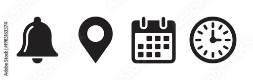 Minimalist notification icons set featuring alert bell location pin calendar and analog clock for interfaces.