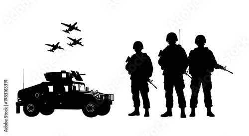 Military convoy with soldiers and aircraft silhouette