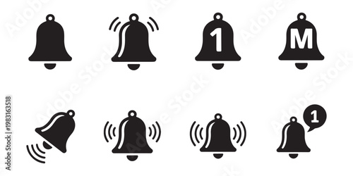 Black notification bell icons pack with various alert states ringing symbols and message bubble indicators.