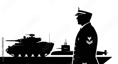 Military Officer Silhouette with Tank, Submarine, and Ship - Defense and Naval Power