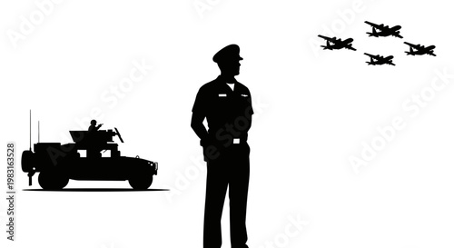 Military Officer Watches Airplanes and Armored Vehicle Silhouette