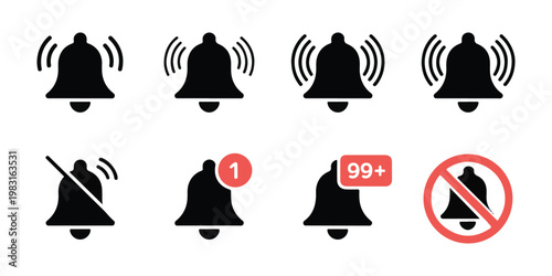 Comprehensive notification bell icons set for web design featuring various alert levels and status markers.