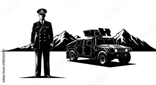 Military Officer Standing Beside Armored Vehicle in Mountainous Landscape