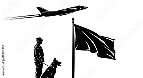 Military Officer with Dog and Jet Plane, National Flag