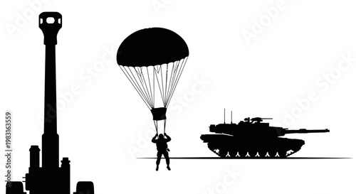 Military Parachute Drop: Tank, Artillery, Soldier Silhouette