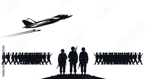 Military parade with fighter jet flying over soldiers and army troops marching.