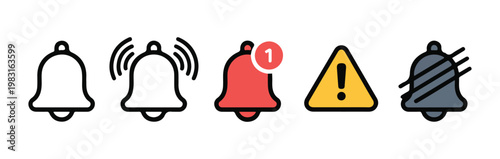 Notification bell icons set with various alerts and status symbols on transparent background vector.
