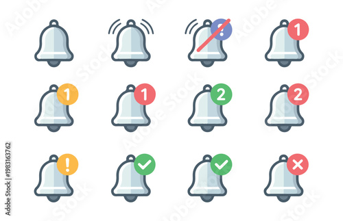 Notification bell icons with various alert badges checkmarks and crosses on transparent background vector.