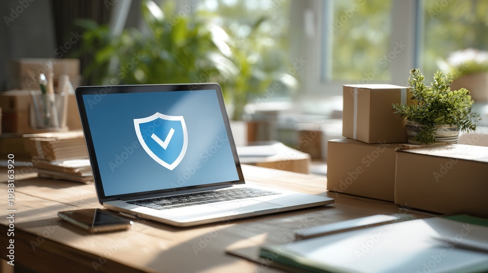 Fototapeta premium Sunlit desk with laptop shield displaying blue security icon on screen, cardboard boxes, potted plant, bright window light, ecommerce parcels, remote work setup conveying trust and protection