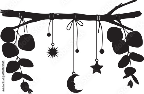 Black silhouette dreamcatcher, hanging mobile, celestial symbols, bohemian decor, vector icon