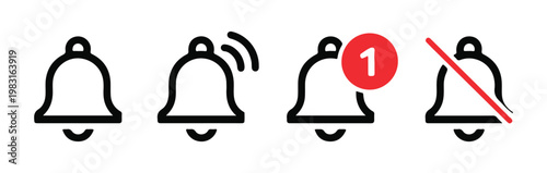 Notification bell icon set with outline style for alert messages and reminder notifications in mobile app ui.