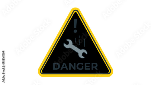 Flat minimalist vector illustration of a triangular danger warning sign for falling tools in a manufacturing plant, featuring a wrench icon and exclamation mark on a black background.