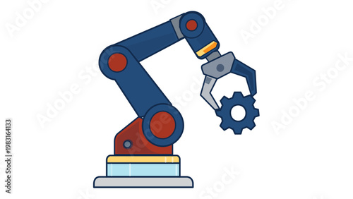 Industrial robotic arm vector illustration holding a mechanical gear, representing automation, smart factory technology, and manufacturing. Scalable flat minimalist icon for engineering, assembly