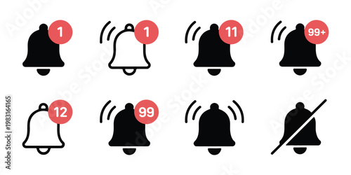 Notification bell icon set with red badge counters showing unread message numbers for mobile application design.