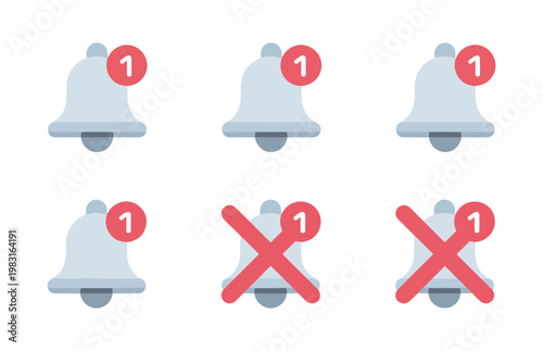 Flat bell notification icon set with red unread message badges and red cross mute symbols for app design layout.