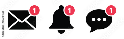 Social media communication interface icons including email notification bell and chat speech bubble with badge.