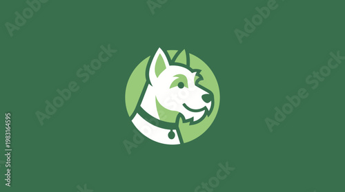 Stylized green dog head icon illustration in a clean, minimalist flat design style, ideal for modern pet branding and animal care businesses