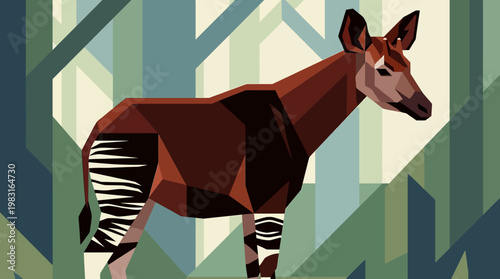 Geometric Okapi Illustration in Abstract Forest Setting