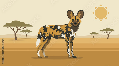 African Wild Dog Portrait in a Stylized Savannah Landscape with Acacias and Sun