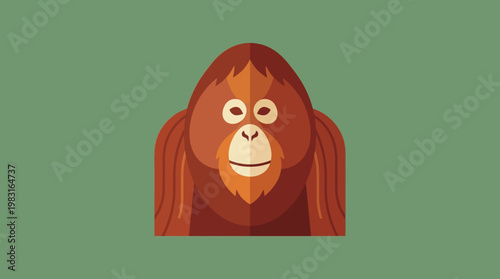 Flat illustration of an orangutan's face, depicting its reddish-brown fur and gentle eyes against a plain green background