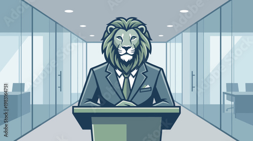Powerful business leader with a lion's head in a suit, standing at a podium in a modern office environment