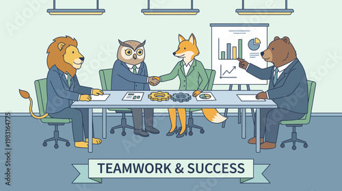 Animals in business meeting shaking hands to represent teamwork and success in a corporate environment