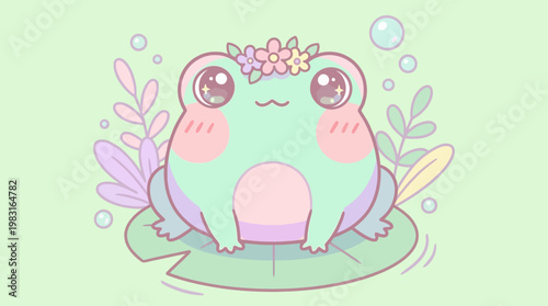 Cute Kawaii Frog with Flower Crown Sitting on a Lily Pad Surrounded by Bubbles and Leaves, Adorable Pastel Illustration