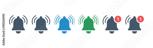 Colorful notification bell icons featuring blue and green variants with red unread message badge indicators.