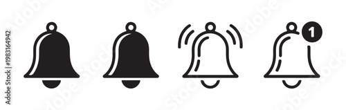 Black bell notification icons showing active sound waves and message indicator badges for application design.