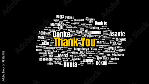World Gratitude Word Cloud Illustration in Various Languages, Multilingual Thank You Design on Creative Black Backdrop Graphic Asset
