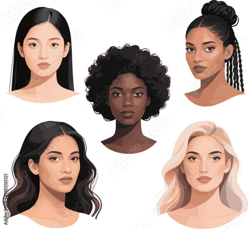 Create a realistic kinds of deferent beautiful woman vector art with white background.