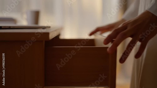 A person putting a smartphone into a wooden desk drawer in a cozy home interior A symbolic gesture of disconnection and mindful relaxation