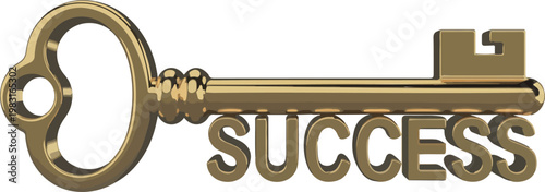 Clean modern vector style illustration of ornate golden key featuring engraved SUCCESS text representing motivation growth and accomplishment symbolism