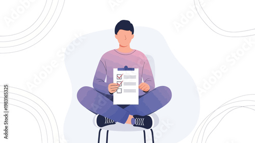 Man Sitting Cross-legged with Checklist, Task Completion Concept