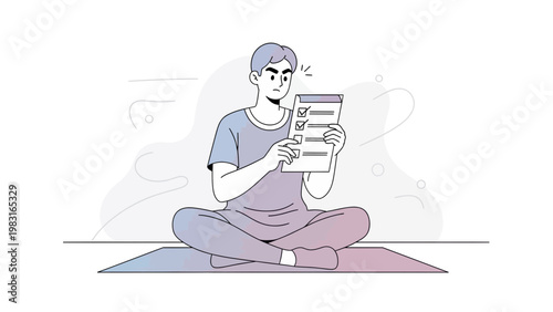 Man sitting cross-legged, reviewing a checklist with checkboxes, looking thoughtful