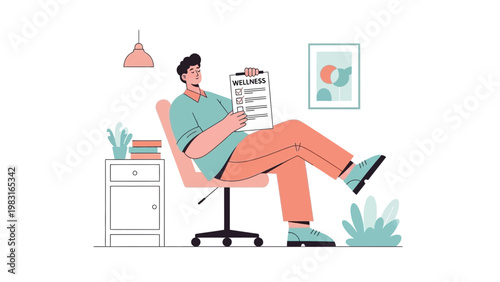 Man sitting in office chair holding wellness checklist, healthy lifestyle concept
